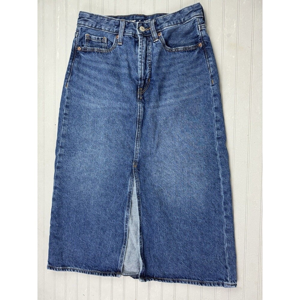 Old Navy Size 4 High Rise Cotton Skirt Women Front Vent Dark Wash Below The Knee